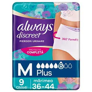 Always Discreet Plus chiloti pentru inconţinenta urinara 6 picaturi, Marimea M, 9 bucati, Procter & Gamble Distribution