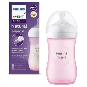 Biberon Philips Avent Natural Response SCY903/11, 260 ml, debit 3, tetina fara scurgeri, +1 luni, fara BPA, roz, Avent