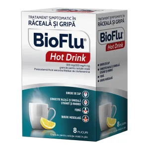 Bioflu Hot Drink 500mg/200mg/4mg granule solutie orala, 8 plicuri, Biofarm