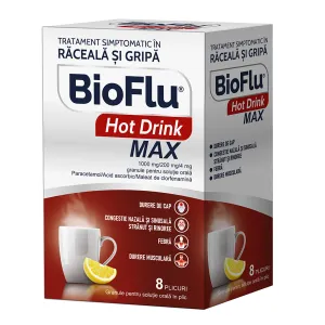 Bioflu Hot Drink Max 1000mg/200mg/4mg gran.suspensie orala, 8 plicuri, Biofarm