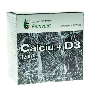 Calciu 1200 mg + D3 pulbere suspensie buvabila, 20 plicuri, Laboratoarele Remedia