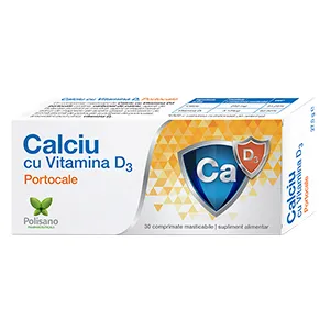 Calciu cu vitamina D3 portocale, 30 comprimate masticabile, Polisano Pharmaceuticals