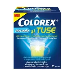 Coldrex raceala si tuse 500 mg/200 mg/10 mg pulbere solutie orala,  10 plicuri,  Perrigo