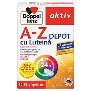 Doppelherz Aktiv A-Z Depot cu luteina, 60 comprimate + Vitamina C 1000 mg + Vitamina D Depot, 10 comprimate GRATIS, Queisser Pharma