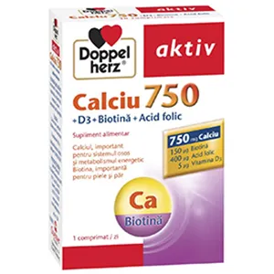 Doppelherz Aktiv Ca 750 mg+D3+Biotina+Acid folic, 30 comprimate, Queisser Pharma