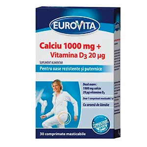Eurovita Ca 1000 mg + Vitamina D3, 30 comprimate masticabile, Omega Pharma