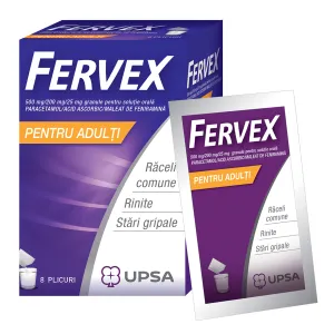 Fervex adulti 500 mg/200 mg/25 mg, granule pentru solutie orala, 8 plicuri, UPSA Franta