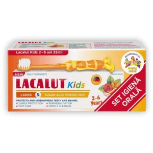 Lacalut Kids 2-6 ani protectie anticarie si zaharuri, 55 ml + periuta de dinti, Zdrovit Romania