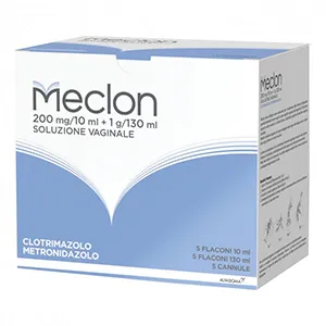 Meclon solutie vaginala, 5 flacoane de 10 ml + 5 flacoane de 130 ml + 5 canule, Alfasigma