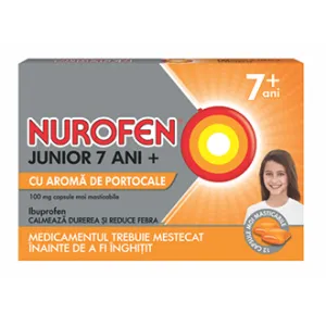 Nurofen Junior 7 ani+ portocale, 100 mg, 12 capsule moi masticabile, Reckitt Benckiser Healthcare