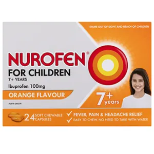 Nurofen Junior 7 ani+ portocale, 100 mg, 24 capsule moi masticabile, Reckitt Benckiser Healthcare