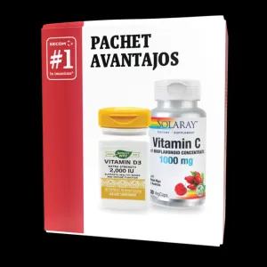 Vitamin C, 1000 mg, adulti, 30 capsule vegetale + Vitamina D3, 2000UI, 30 capsule moi, Secom