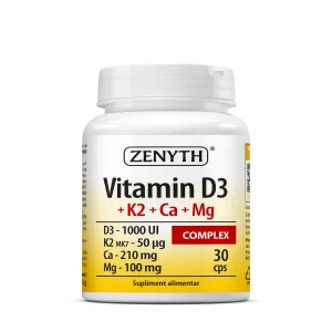 Vitamina D3 + K2 + Calciu + Magneziu pentru oase, 30 Capsule, Zenyth
