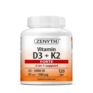Vitamina D3 + K2 Forte pentru oase si imunitate, 120 Capsule, Zenyth