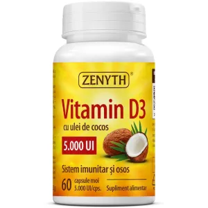 Vitamina D3 5000 UI pentru imunitate si oase, 60 Capsule, Zenyth